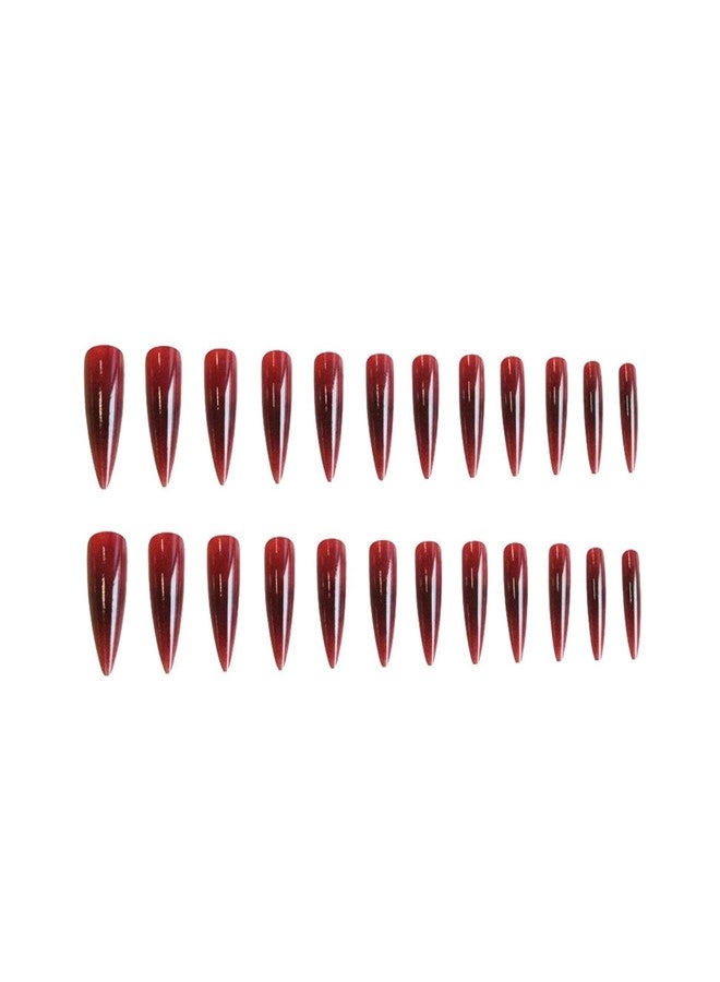 SINHOT Stiletto Press on Nails - Long Fake Nails, Glossy Finish, Goth Burgundy & Vampire Style, DIY Artificial False Nail Art - 24 Pcs Nail Kit with Glue - Image 4